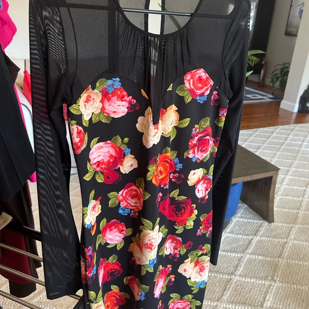 Guess Floral Black Dress with Mesh Sleeves and Sweetheart Neckline